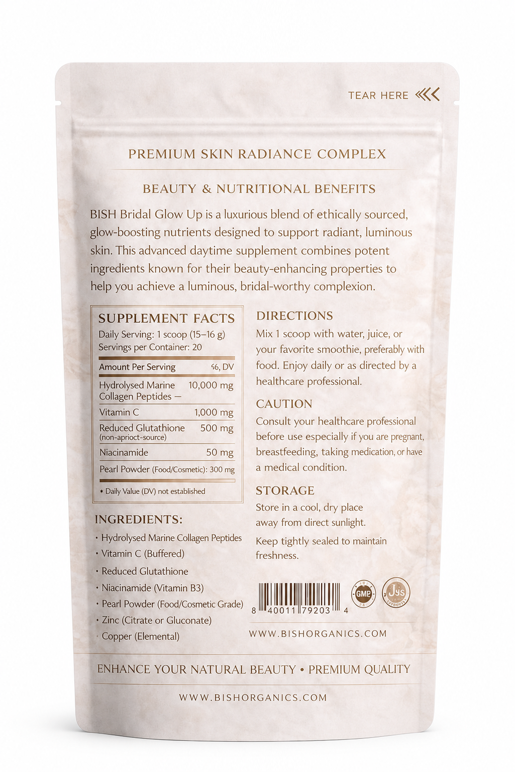 Bish Bridal Glow ingredients, directions and warnings on white background