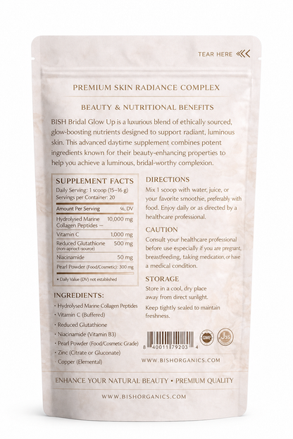 Bish Bridal Glow ingredients, directions and warnings on white background