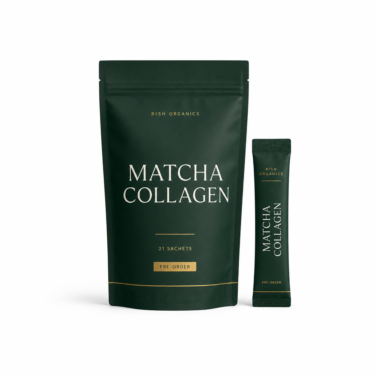 Bish Organics Matcha Collagen 21 sachets pre-order packaging on white