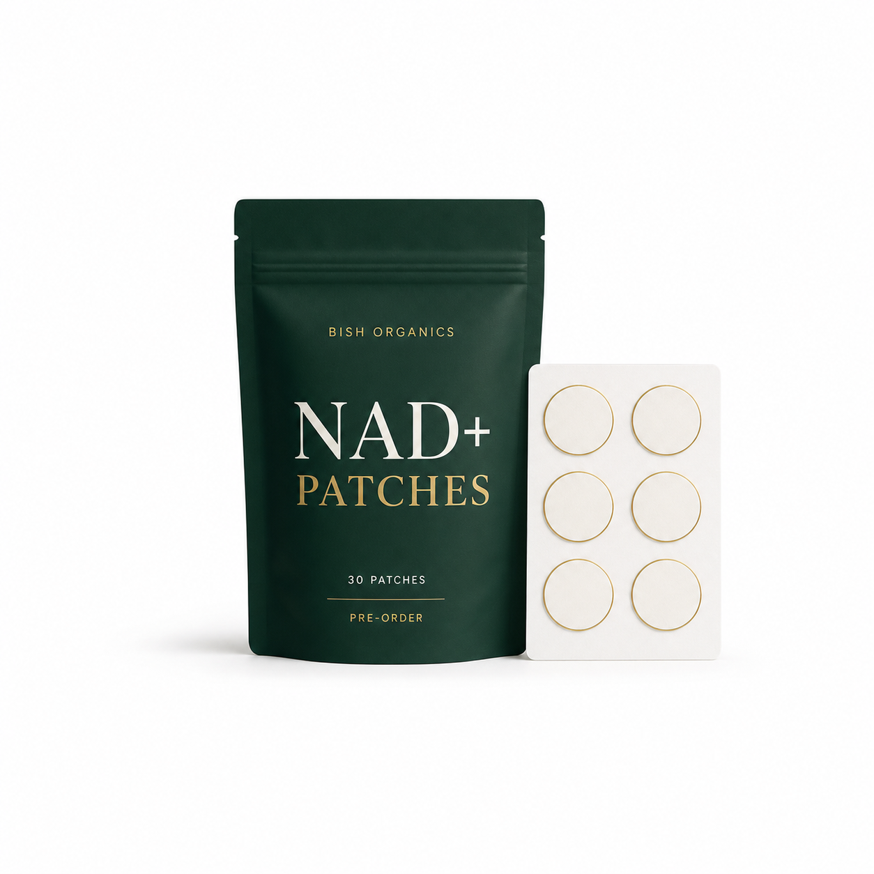 Bish Organics NAD+ Patches 30 patch pre-order packaging on white