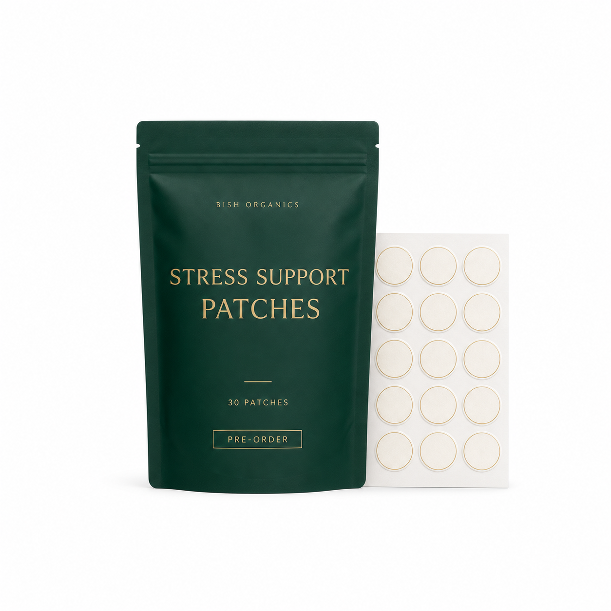 Bish Organics Stress Support Patches 30 patch pre-order packaging on white