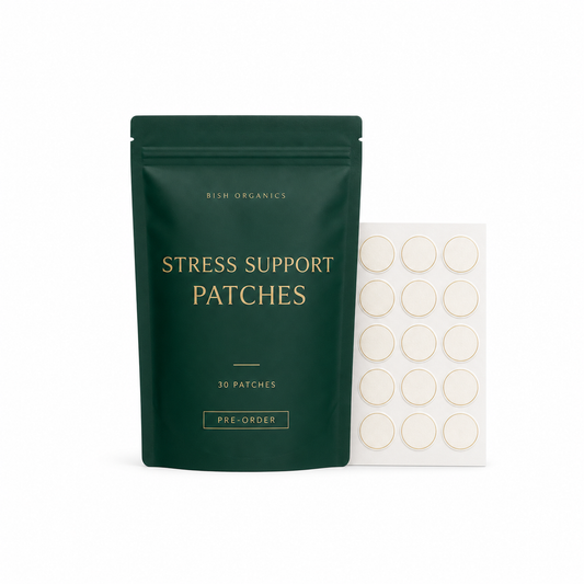 Bish Organics Stress Support Patches 30 patch pre-order packaging on white