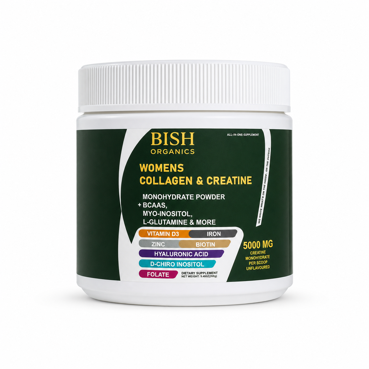 Bish Women’s Collagen and Creatine Powder white and green tub on white background